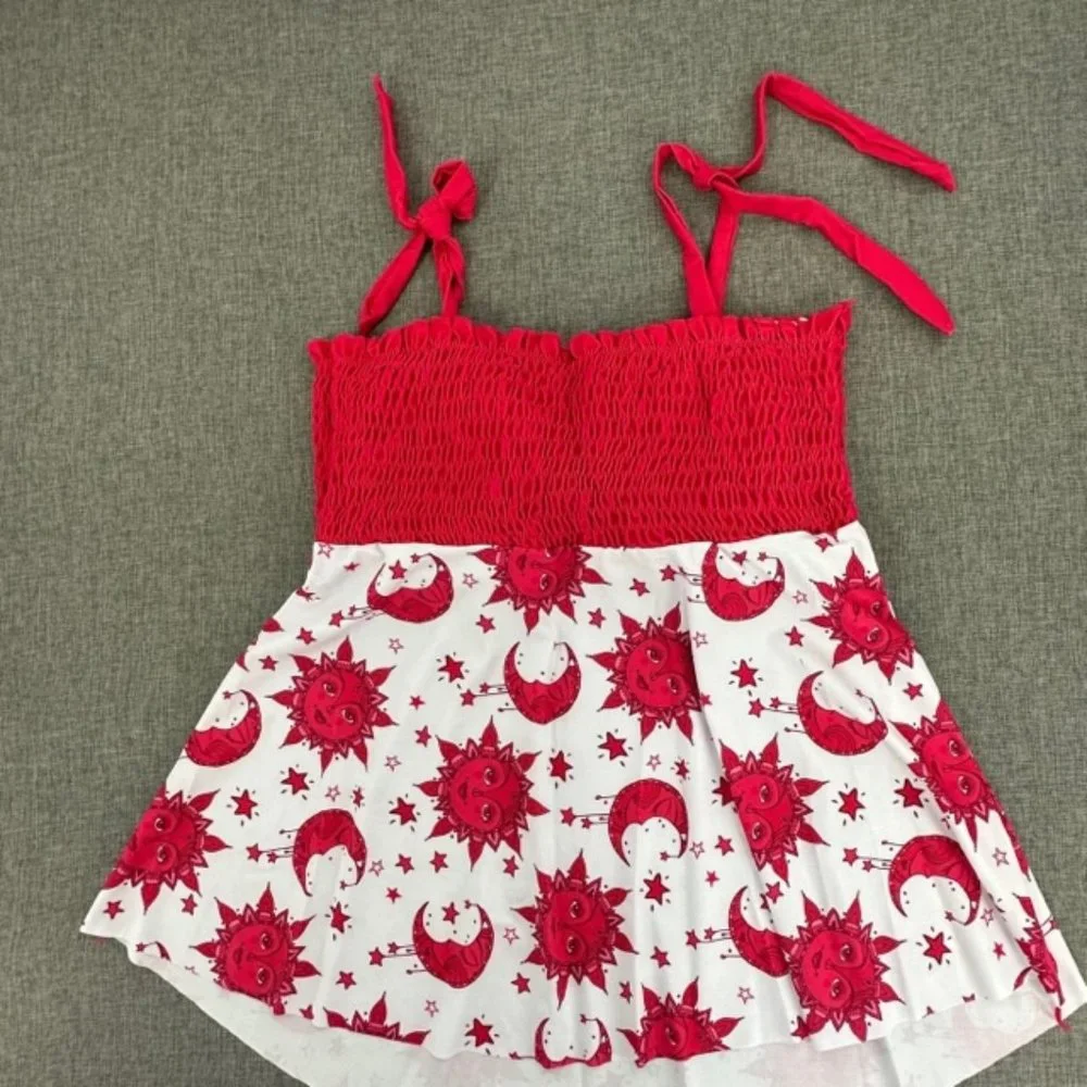 Tankini Swimsuit Dress Sun & Moon Red White Tie Straps Stretchy Removable Pads L